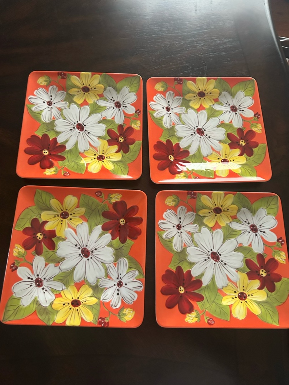 Floral Square Melamine Dinner Plates - Orange, White, Red & Yellow - Unbranded
